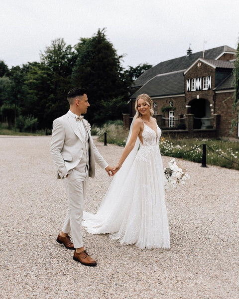 Bohemian A Line V Neck Tulle Long Wedding Dresses with Appliques VK23052602