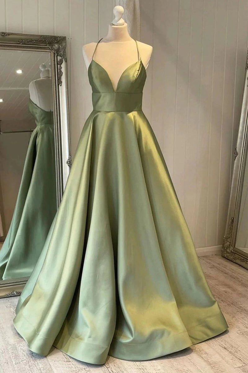 Free Shipping Modern A-Line Halter Sage Green Satin Long Prom Dresses VK0320004