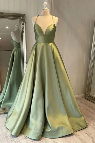 Free Shipping Modern A-Line Halter Sage Green Satin Long Prom Dresses VK0320004