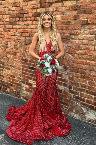 Cute Sparkly Mermaid V Neck Red Sequins Prom Dresses VK23050907
