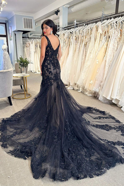 Black V Neck Lace Appliques Mermaid Prom Dresses with Beading VK23120401
