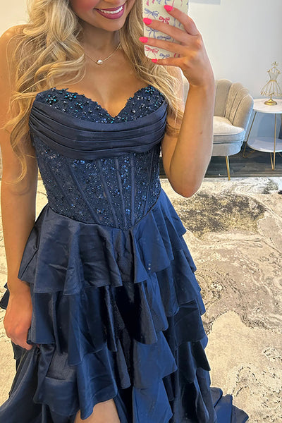 A-Line Strapless Navy Blue Ruffle Tiered Satin Long Prom Dress with Beads VK26010502