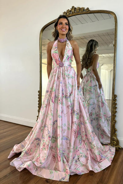 Romantic Halter V Neck Floral Print Satin Prom Dresses with Backless VK26020306