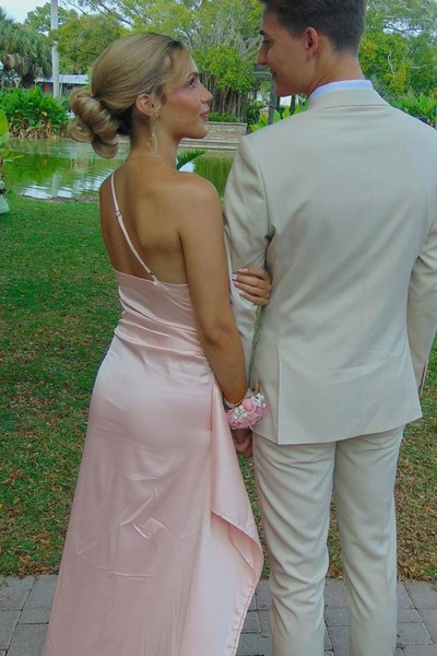 Sage Green One Shoulder Pleats Long Prom Dresses with Slit VK26011109