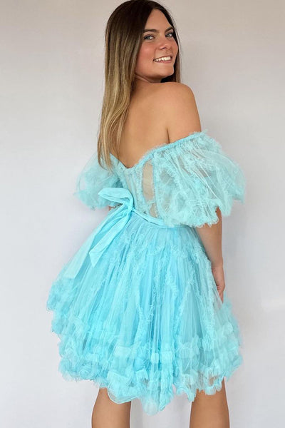 Pretty A-Line Sweetheart Lake Blue Tulle Homecoming Dresses VK23081303