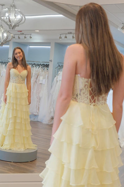 Yellow Sweetheart Tiered A-Line Long Prom Dress with Appliques VK23121701