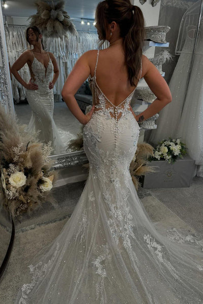 Fairy Chic Mermaid V Neck Lace Wedding Dresses with Appliques