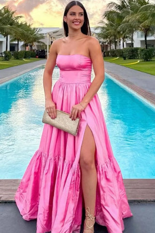Cute A Line Strapless Taffeta Pink Long Prom Dress with Slit VK25012501