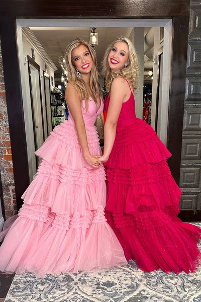 Pink V Neck Tiered Tulle Long Prom Dresses with Slit VK24012102