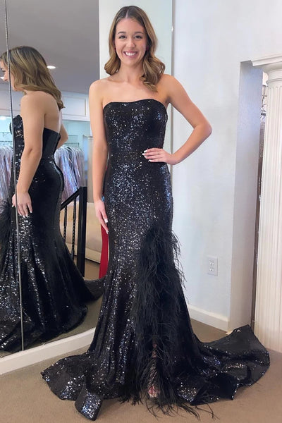 Sparkly Black Sheath Strapless Long Sequins Prom Dress with Feathers VK23101410