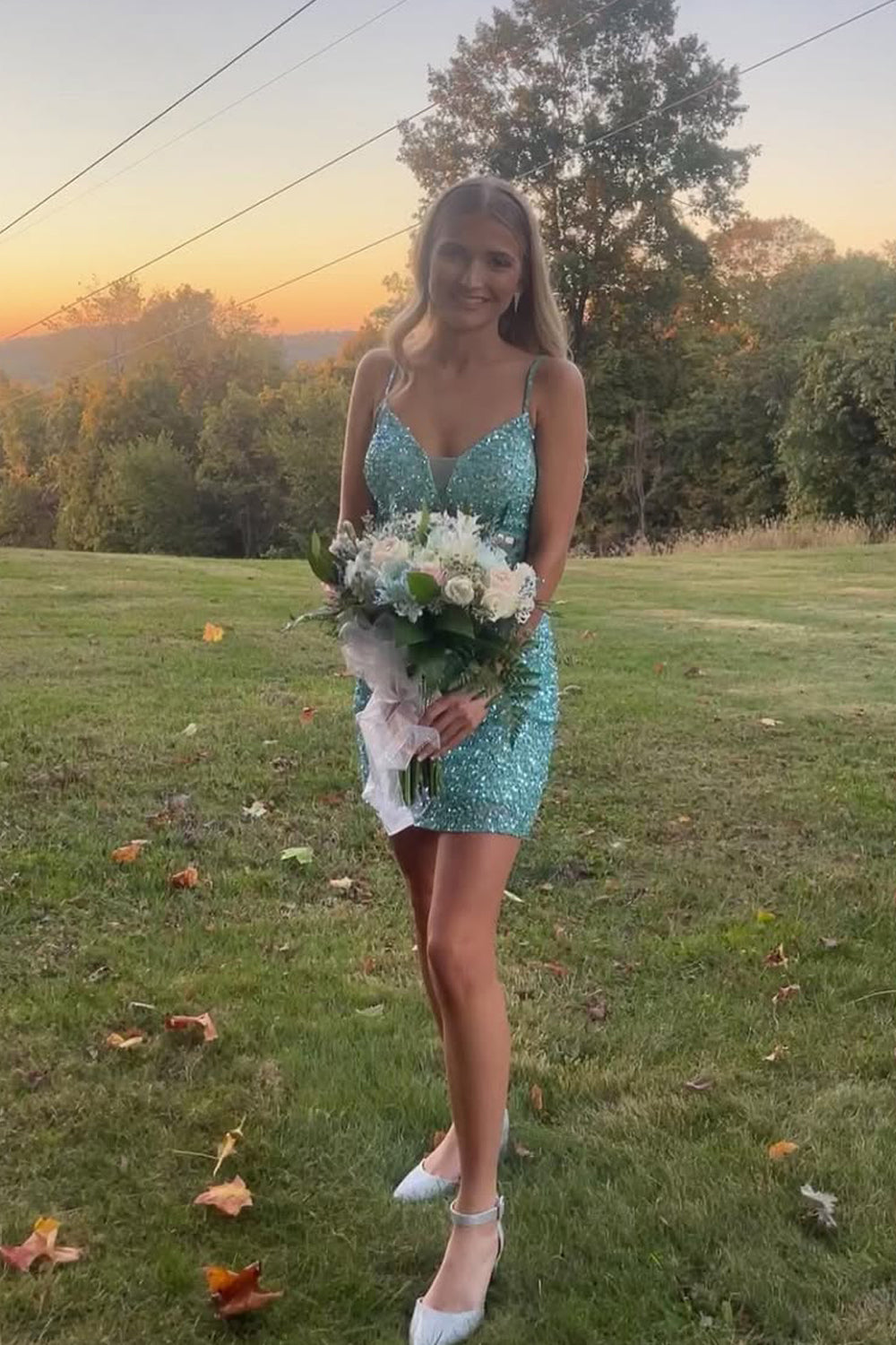 Cute Bodycon V Neck Mint Sequins Homecoming Dresses with Beading VK25052402