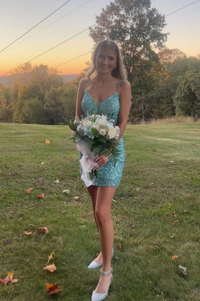 Cute Bodycon V Neck Mint Sequins Homecoming Dresses with Beading VK25052402