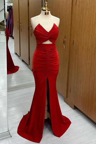 Red Strapless Twisted Knot Mermaid Long Formal Dress with Slit VK23122104