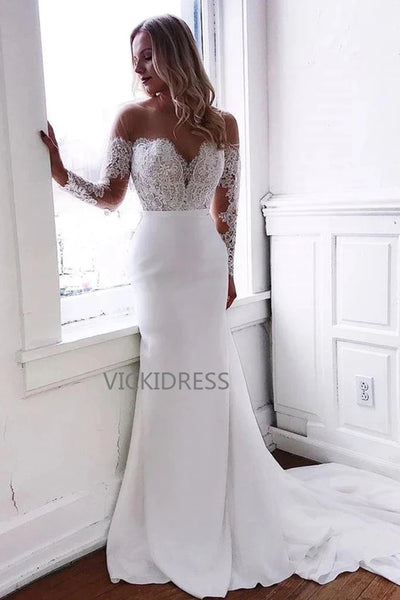 Mermaid Round Neck Long Sleeves Lace Chiffon White Wedding Dresses VK0529003