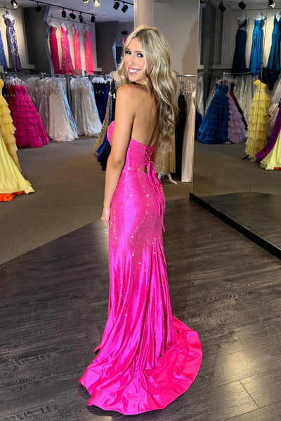 Cute Mermaid Sweetheart Hot Pink Satin Prom Dress with Hot Fix VK26021904