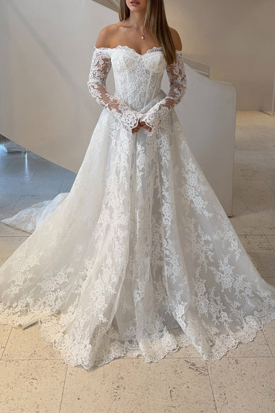 A-Line Off the Shoulder Long Sleeves Floral Lace Wedding Dresses VK26081904