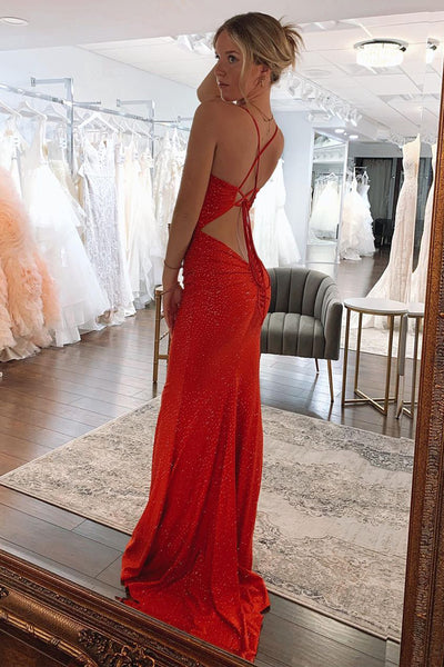 Red Mermaid Spaghetti Straps Beaded Long Prom Evening Dresses VK23092502