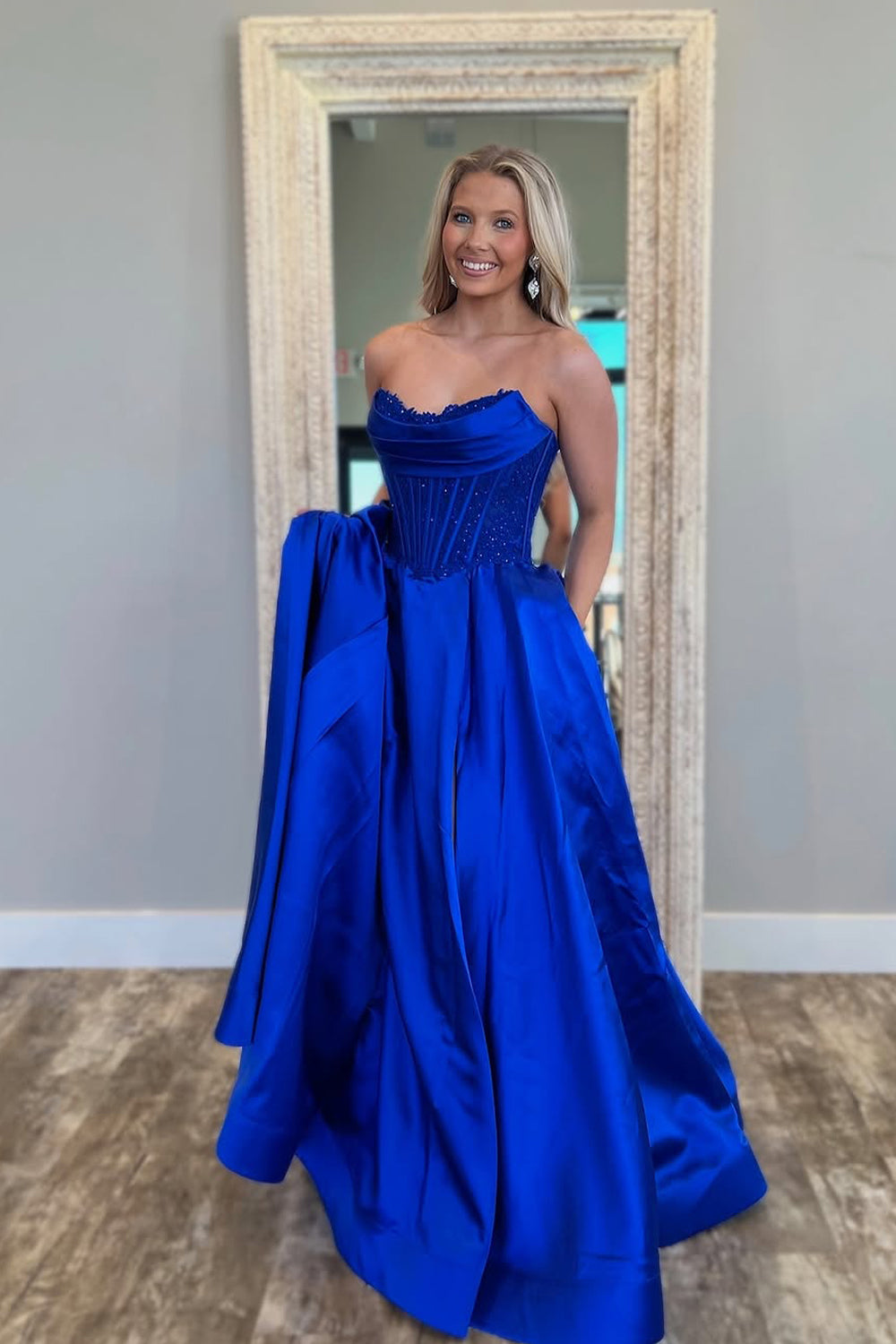 A-Line Strapless Royal Blue Satin Long Prom Dresses with Pockets VK25031504