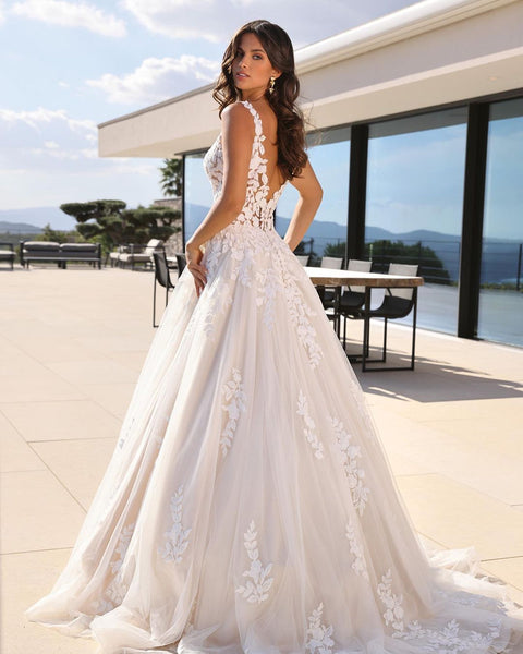 Chamring A Line V Neck Tulle Long Wedding Dresses with Appliques VK23052201