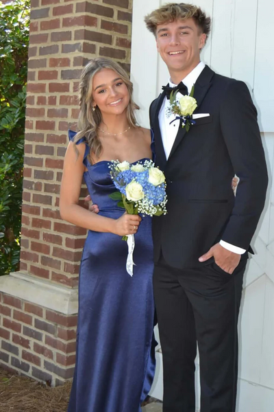 Sheath Sweetheart Navy Blue Satin Ruffles Long Prom Dresses with Side Slit VK26011802