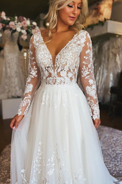 A-Line V Neck Long Sleeve Tulle Lace Wedding Dresses VK23112506