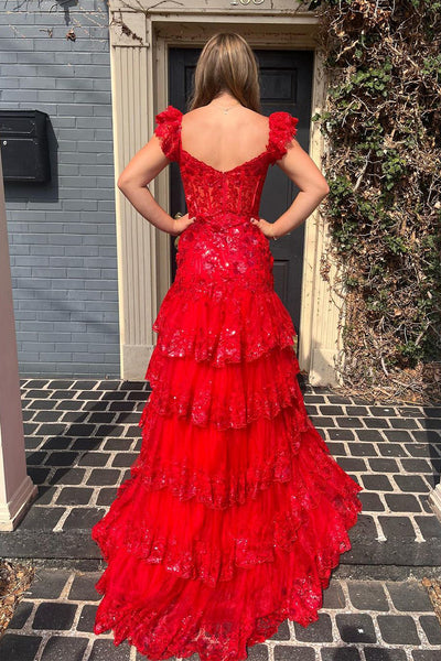 Red Sweetheart Tiered Sequin Tulle Mermaid Long Prom Dresses VK24010503