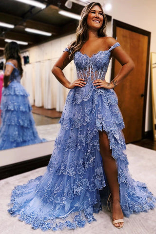Periwinkle Tulle Appliques Off-the-Shoulder Ruffle Long Prom Dress VK23122110