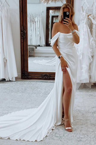 Simple White Long Boho Mermaid Wedding Dress with Slit VK23090103