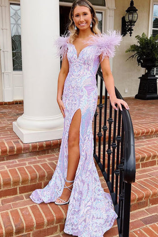 Cute Mermaid V Neck Lavender Sequins Long Prom Dresses with Ostrich Feather VK23061301