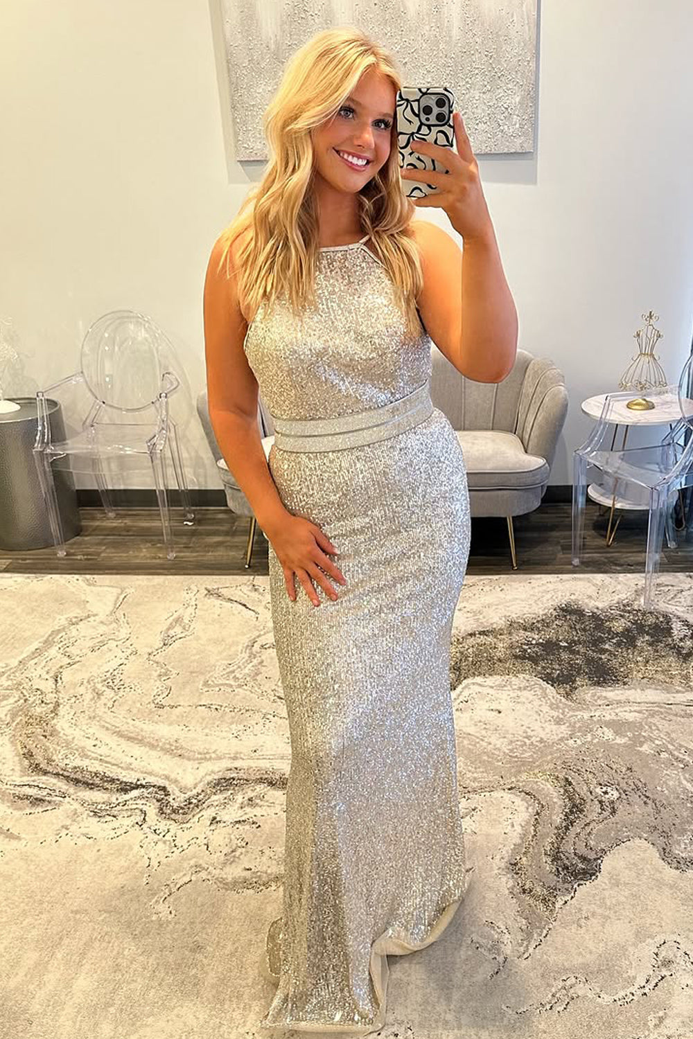 Mermaid Halter Silver Sequins Long Prom Dresses VK25032308
