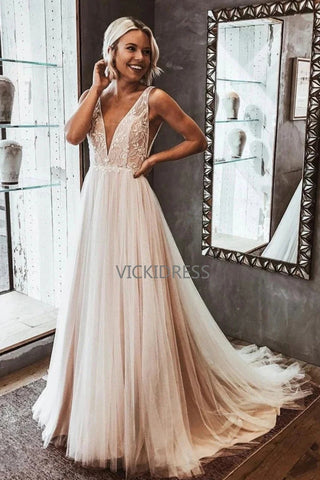 Gorgeous A-Line V Neck Tulle Wedding Dresses with Appliques VK0105023