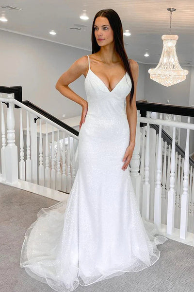 Sparkly Mermaid V Neck Sequins White Wedding Dresses VK113005