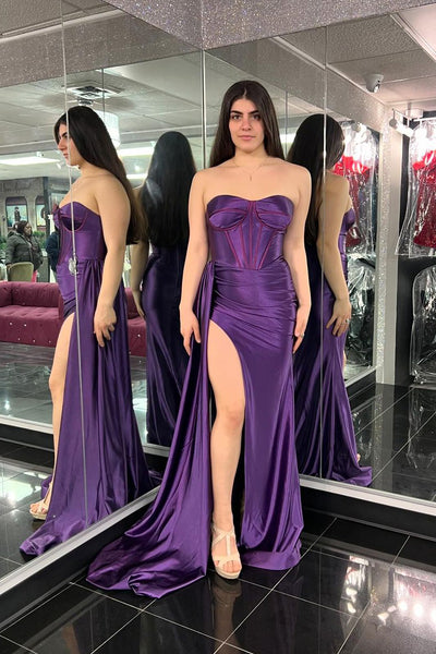 Grape Strapless Satin Mermaid Long Prom Dresses with Slit VK24030604