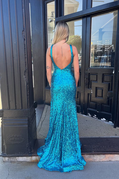 Mermaid V Neck Teal Sequins Long Prom Evening Dresses VK25102004