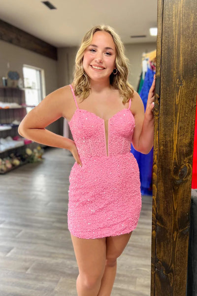 Sparkly Pink Sequins Corset Tight Short Homecoming Dress VK23082803
