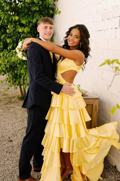 Cute A Line V Neck Yellow Tiered Satin Prom Dress VK25052510