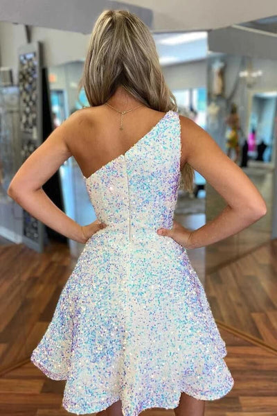 Cute A Line One Shoulder White Sequin Short homecoming Dresses VK23052205