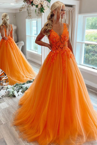 Orange A-Line V Neck Tulle Lace Long Prom Dresses VK23092505