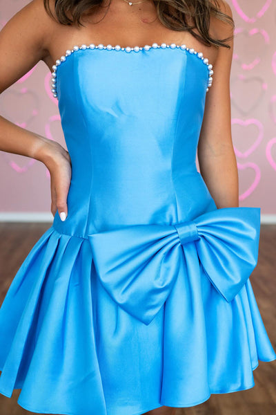 Cute A Line Strapless Blue Satin Homecoming Dress with Bow AB26073105