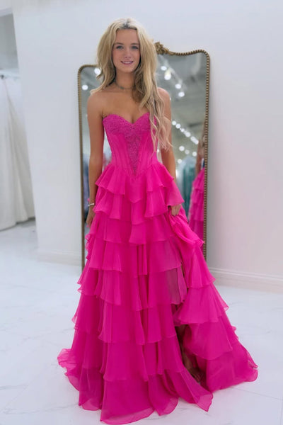 Glamorous A Line Sweetheart Navy Tiered Chiffon Prom Dress with Slit VK162406