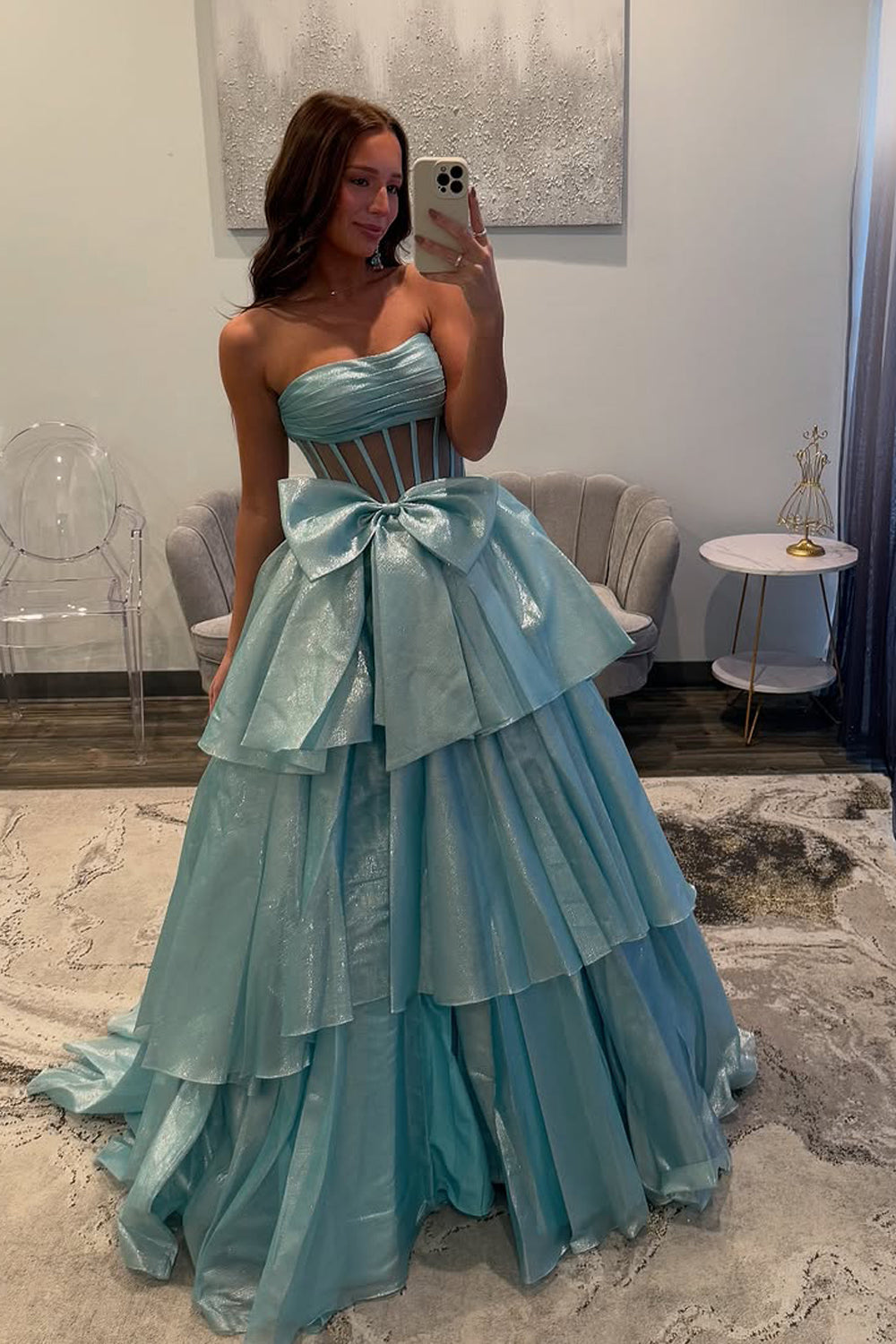 Ball Gown Strapless Light Blue Organza Tiered Long Prom Dress with Bow VK021311