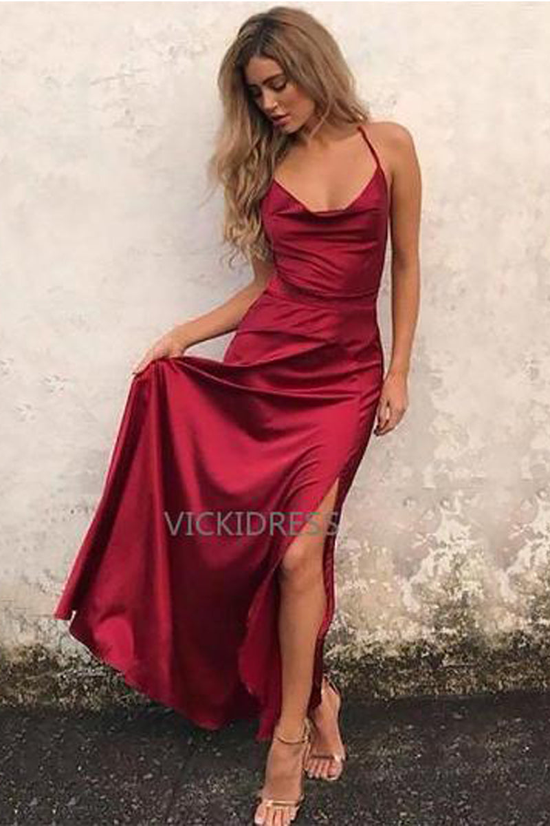 A-Line/Princess Prom Dresses Split Floor-Length Cowl Neck Sleeveless VK0301003