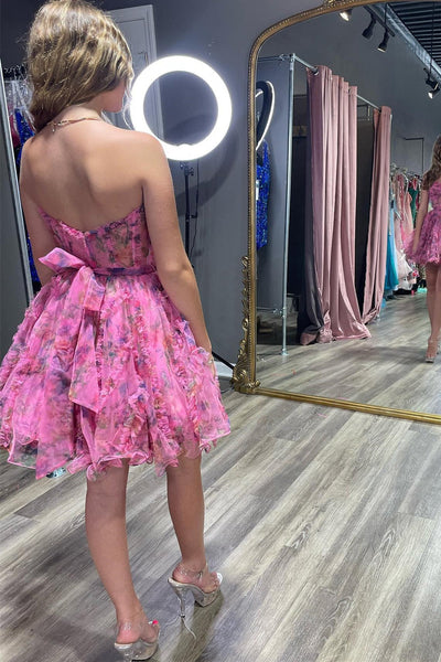 Fuchsia Floral Print Sweetheart A-Line Homecoming Dress VK23063002