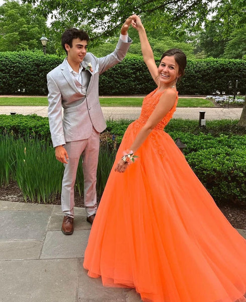 Cute A Line V Neck Orange Tulle Long Prom Dresses with Appliques VK23061007