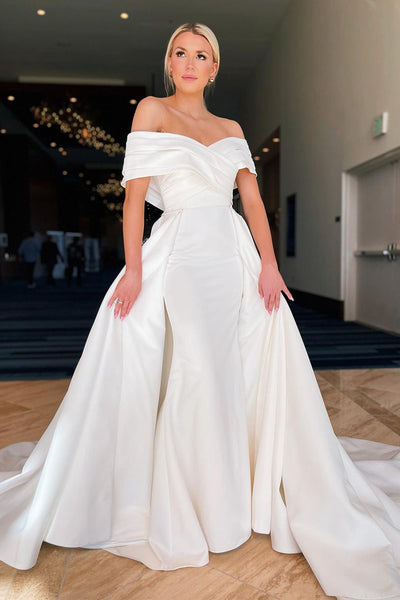 Chic Mermaid Off the Shoulder White Satin Wedding Dress with Detachable Train VK23090906