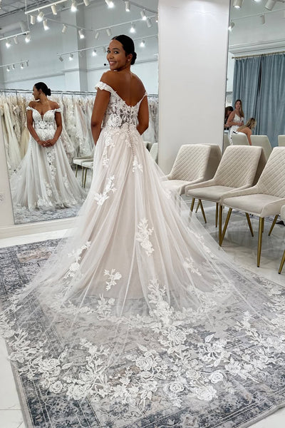 Boho A Line Off the Shoulder Tulle Wedding Dresses with Appliques VK25051004