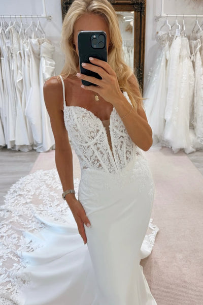 Charming Mermaid Spaghetti Straps Satin Wedding Dresses with Lace Train VK25093003