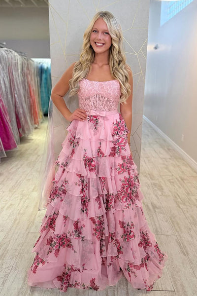 Cute A Lien Square Neck Floral Chiffon Prom Dress VK26031803