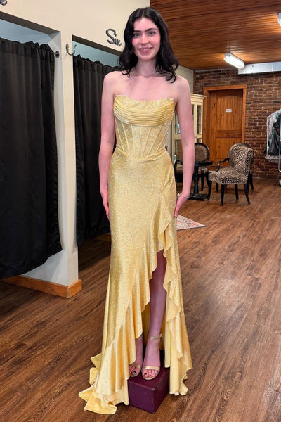 Mermaid Strapless Yellow Beaded Long Prom Dresses for Women Party Gowns VK25101405