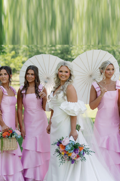 Mermaid Square Neck Bows Straps Ruffle Tiered Long Bridesmaid Dresses VK26081901